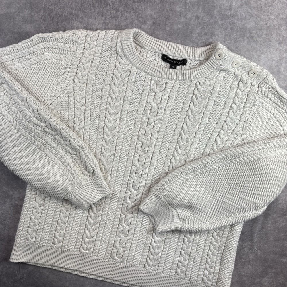 Banana Republic Cable Knit Sweater Womens XL White‎ Preppy Cozy Outdoor